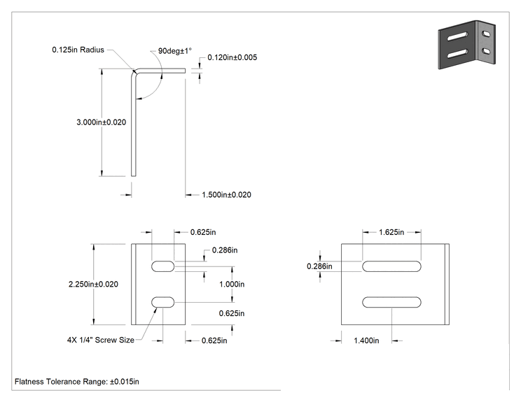Teknik Çizim - Köşe Makine Braketi, 4 Montaj Yuvalı, 316 Paslanmaz Çelik, 3" x 1-1/2" x 2-1/4"
