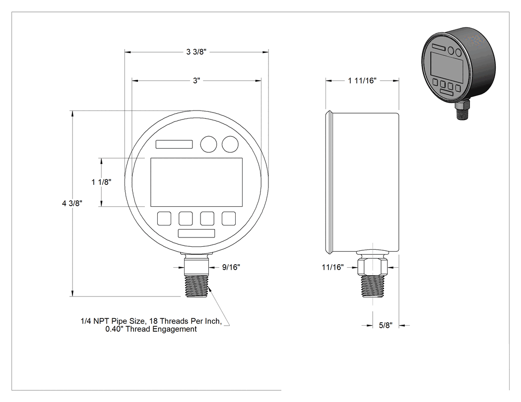 Teknik Çizim - Sertifikalı Ultra Yüksek Hassasiyetli Basınç Test Göstergesi, Dijital, 1/4 NPT Erkek Alt Bağlantı, 0-60 PSI
