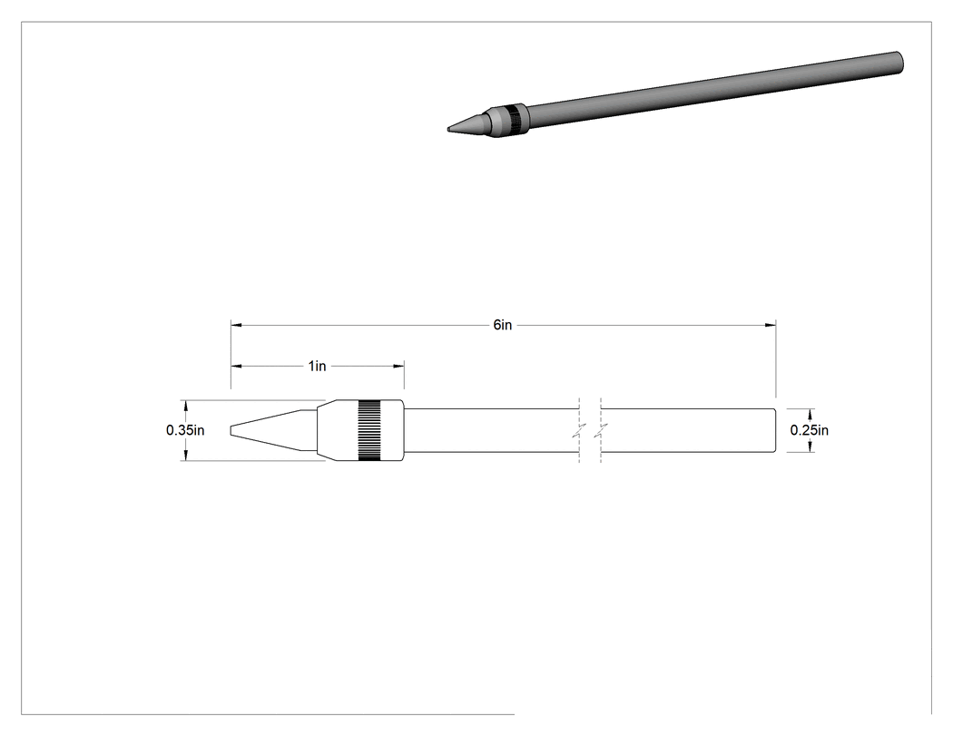 Teknik Çizim - Hava Nozulu, Uzun Uçlu, 1/4" Boru Dış Çapı Hava Girişi, 6" Toplam Uzunluk