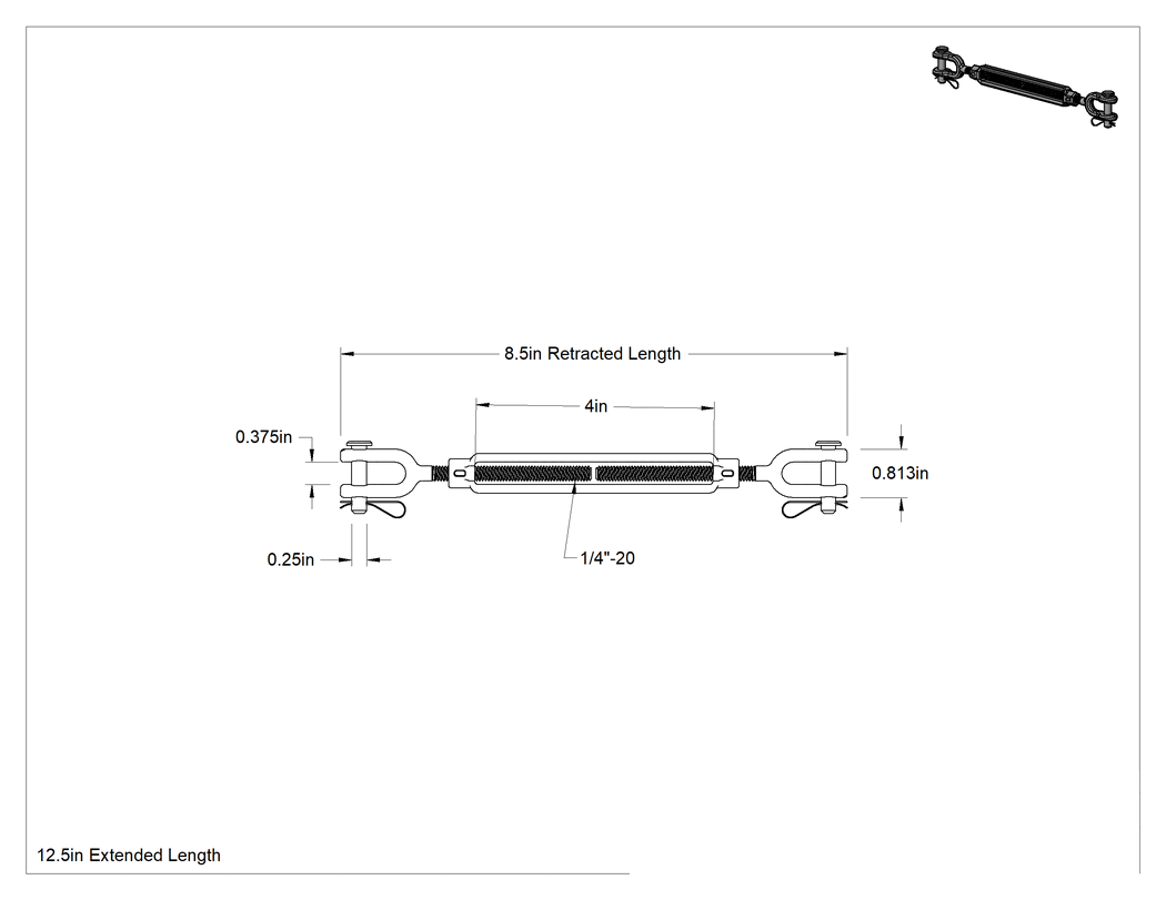 Teknik Çizim - Dövme Galvanizli Çelik Gerdirme - Kaldırma Amaçlı Değildir, Çatal-Çatal, 500 lb. Kapasite, 8-1/2" Geri Çekilmiş Uzunluk