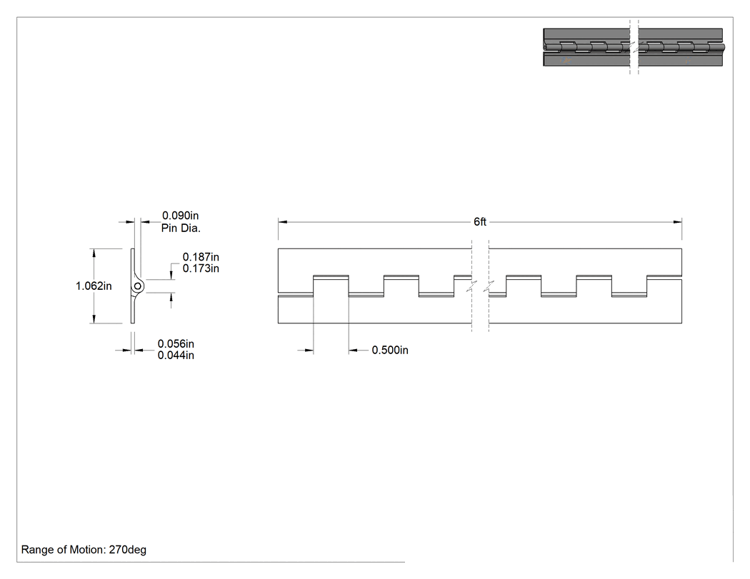 Teknik Çizim - Mil. Spec. Deliği Olmayan Piyano Menteşesi, 2024 Alüminyum, 1-1/16" Toplam Genişlik, 6 Fit Uzunluk
