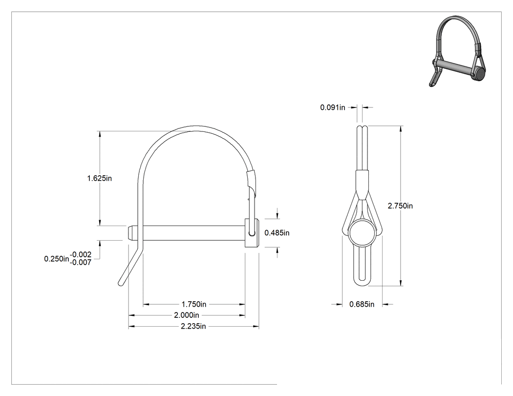 Teknik Çizim - Tel Tutuculu Çatal Pimi, 1008-1018 Çelik, Tırnaklı Yuvarlak, 1/4" Çap, 1-3/4" Kullanılabilir Uzunluk