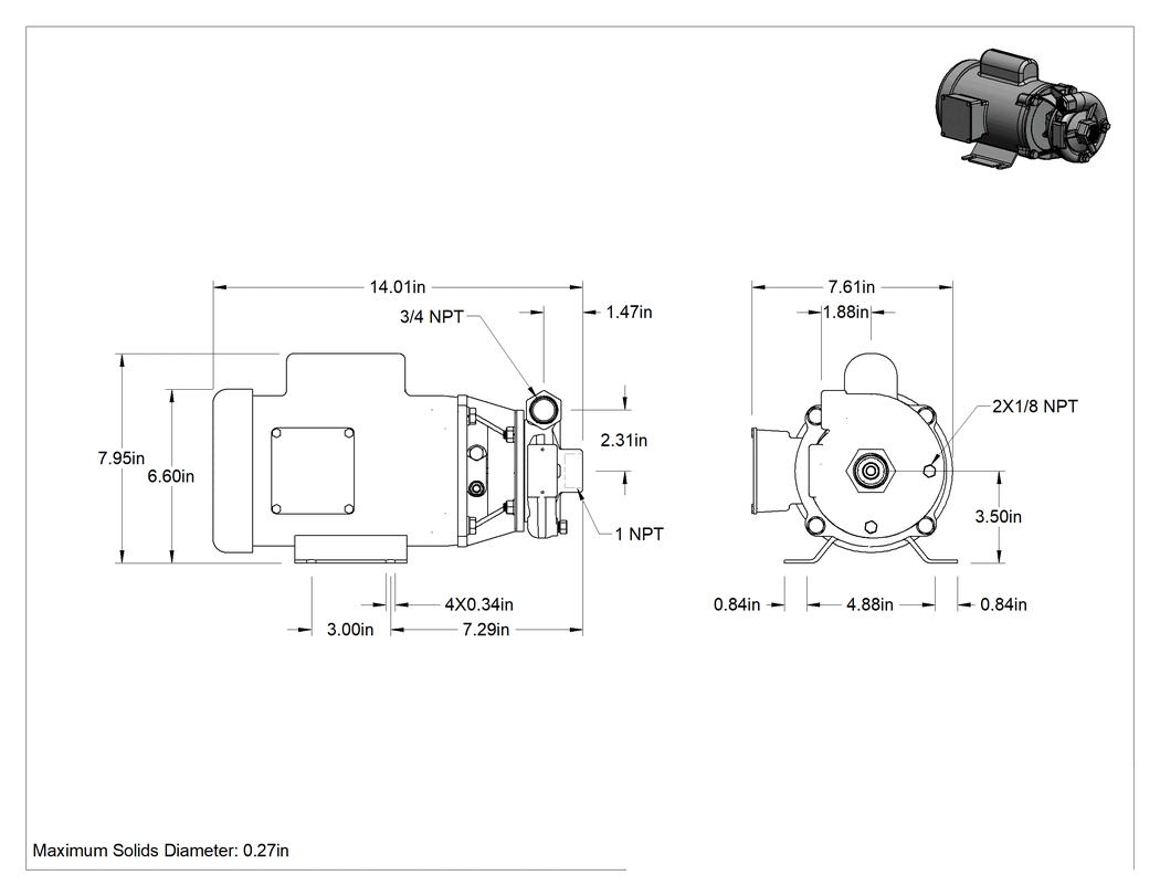 Teknik Çizim - Yüksek Verimli Sirkülasyon Pompası, Su için, Soğutma Sıvıları ve Yağ, 120/208-240V AC, 1/2 hp