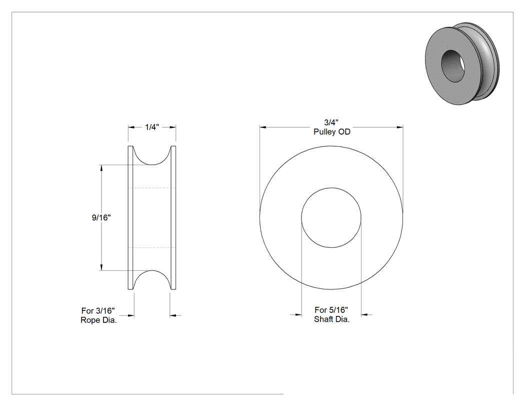 Teknik Çizim - Yatay Çekme için Halat Kasnağı, 3/16" Çap için, 3/4" Dış Çap, Asetal Plastik