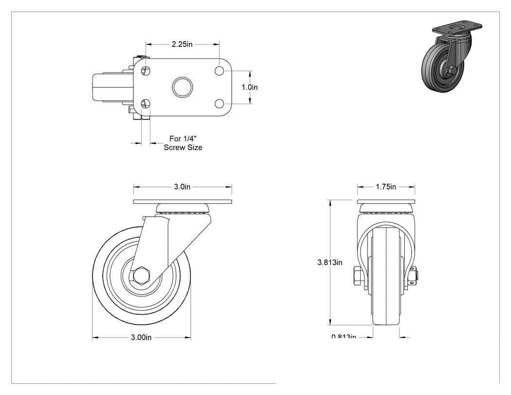 Teknik Çizim - 3" x 1-3/4" Plakalı Mighty-Lite Tekerlek, 3" Çapında 70A Durometreli Kauçuk Tekerlekli Döner Ayak