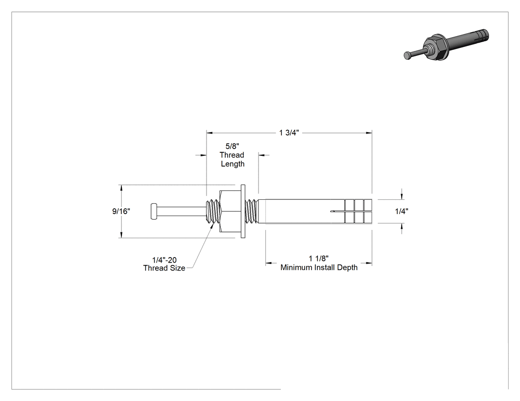 Teknik Çizim - Blok ve Tuğla için Titreşime Dayanıklı Sürüş Ankrajları, 1/4" Çap, 1-3/4" Uzunluk