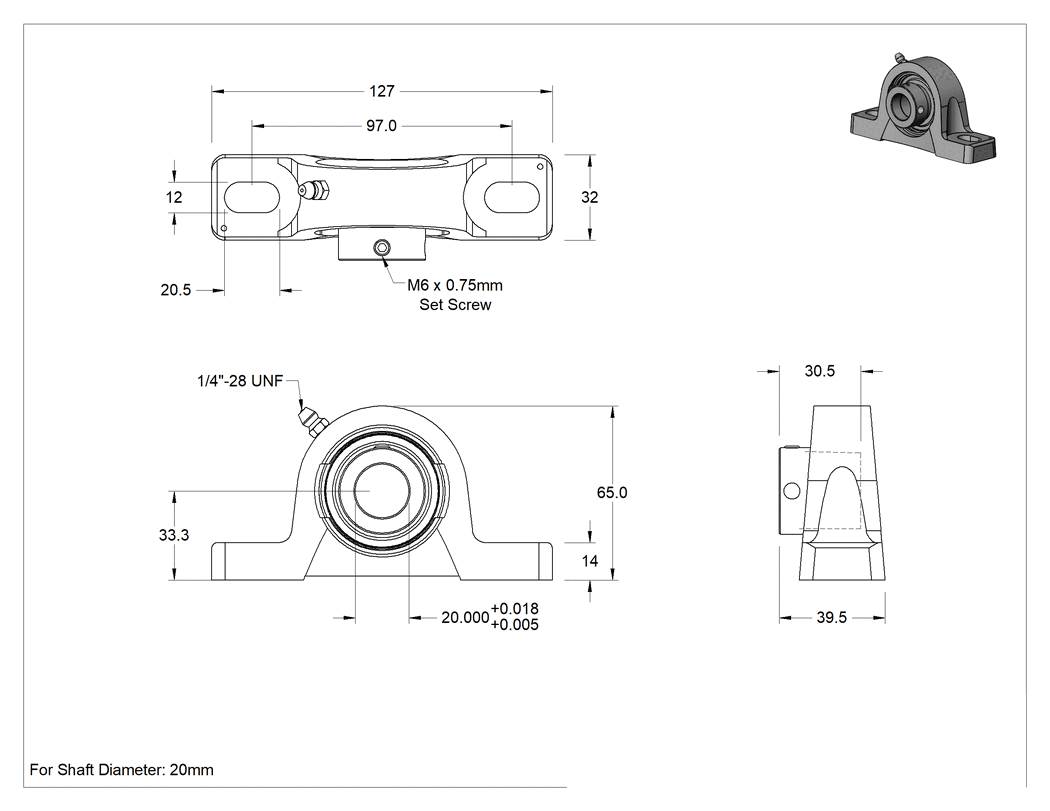 Teknik Çizim - Dökme Demir Muhafazalı Montajlı Çelik Bilyalı Rulman, Eksantrik Kilit, 20 mm Mil Çapı için, Toplam 39.5 mm Genişlik