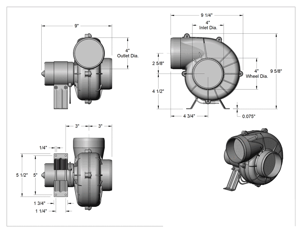 Teknik Çizim - 24 V DC Üfleyici, 250 CFM @ 0 inç Su