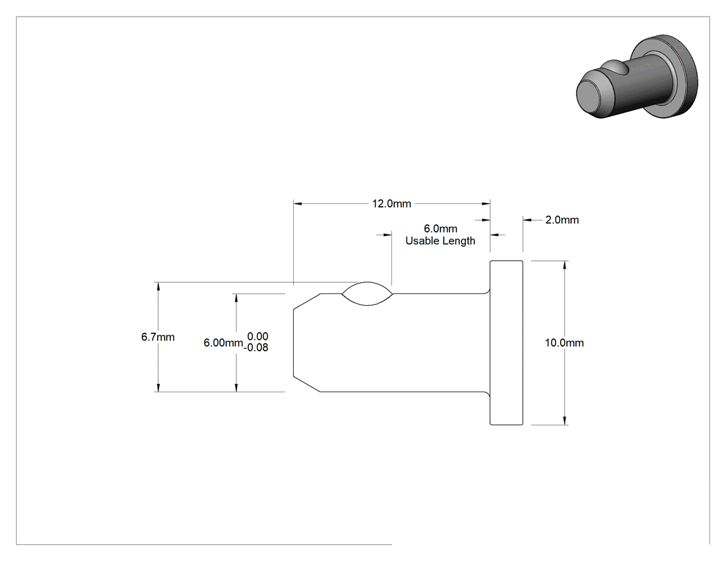 Teknik Çizim - Düz Başlı Hızlı Açma Pimleri, Çinko Kaplamalı Karbon Çelik, 6 mm Çap, 6 mm Kullanılabilir Uzunluk