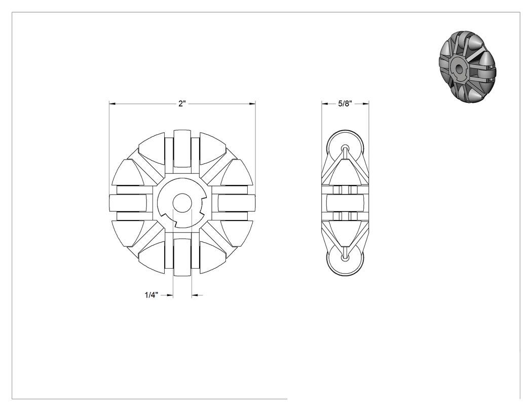 Teknik Çizim - Asetal Çok Yönlü Paten Tekerleği, 2" Çapında Bir Tekerleği Olan Düz Delikli, 1/4" Aks Çapı için