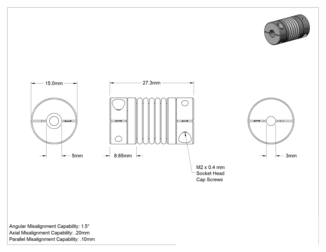 Teknik Çizim - Yüksek Hızlı Hassas Esnek Mil Kaplini, 5 mm x 3 mm şaft çapı için, 27.3 mm Toplam Uzunluk