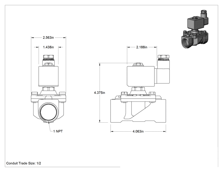 Teknik Çizim - Pirinç Gövde Solenoid Açma/Kapama Vanası, Normalde Kapalı, 24V AC, 1 NPT Dişi, 8.3 Cv