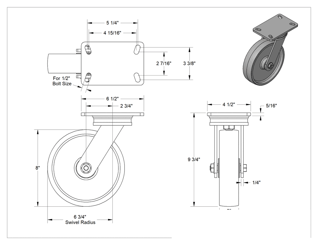Teknik Çizim - 6-1/2" x 4-1/2" Plakalı Yüksek Kapasiteli Kingston Tekerlek, 8 inç Çapında Metal Tekerlekli Döner Tekerlek
