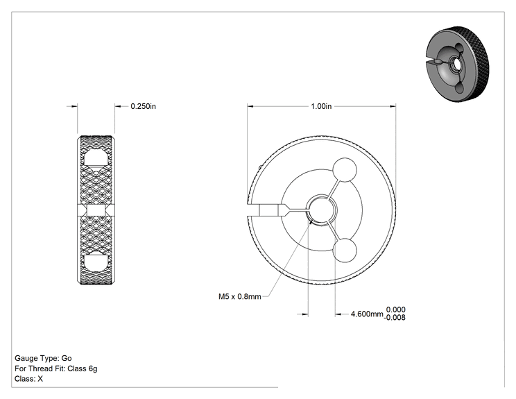 Teknik Çizim - Sol Dişli Halka Mastarı, Sınıf 6G Dişli Uyum için, Geçer Mastarı, M5 x 0.8 mm Diş Boyutu