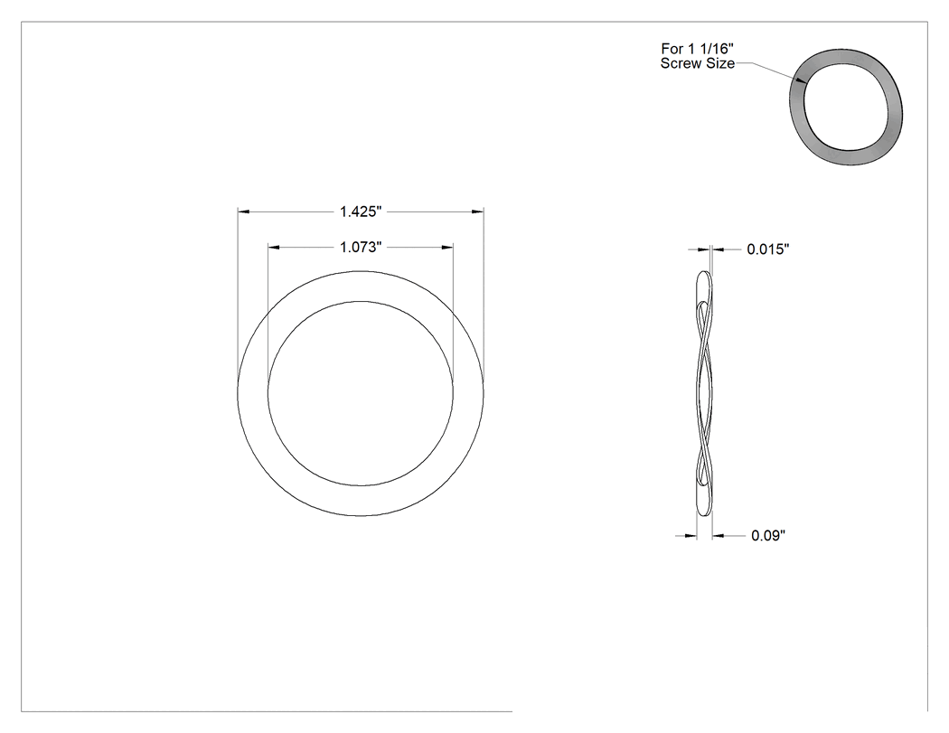 Teknik Çizim - 18-8 Paslanmaz Çelik Üç Dalgalı Yaylı Kilit Pul, 1-1/16" Vida Boyutu için, 1.073" İç Çap, 1.425" Dış Çap
