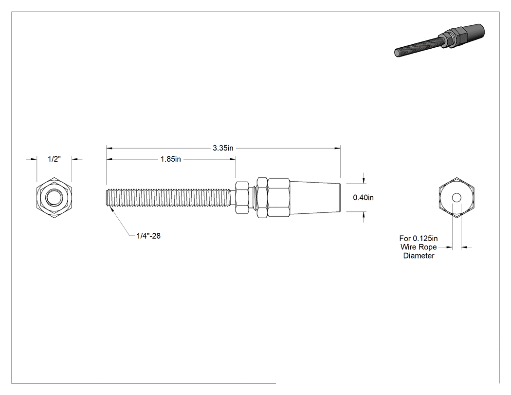 Teknik Çizim - Çivi Ucu Manşonlu Tel Halat Ucu Bağlantı Parçası, Kaldırma Amaçlı Değildir, 1/8" halat çapı için