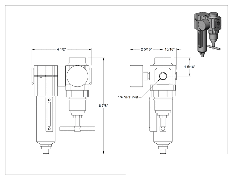 Teknik Çizim - Basınçlı Hava Filtresi/Regülatörü, Hat Üstü, Gözetleme Camlı Çinko Kase, 1/4 NPT Dişi