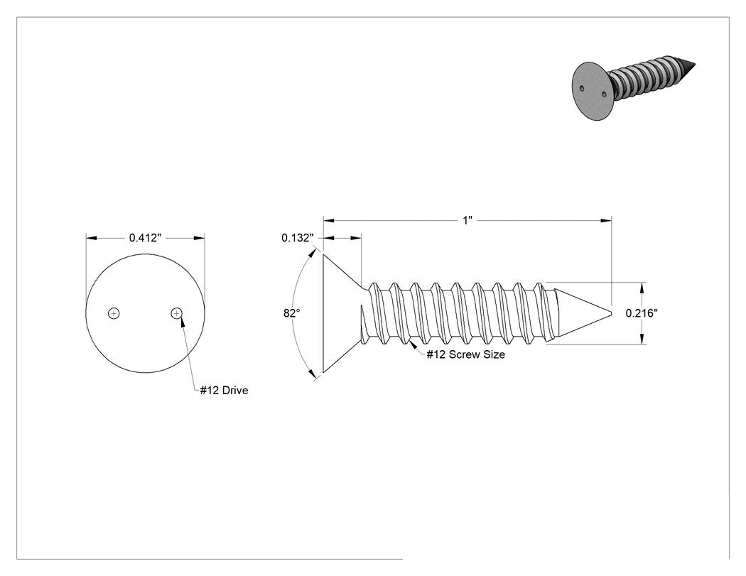 Teknik Çizim - Delikli Anahtar Havşa Başlı Vidalar, Sac Metal için, 18-8 Paslanmaz Çelik, 12 Numaralı Boyut, 1" Uzunluk