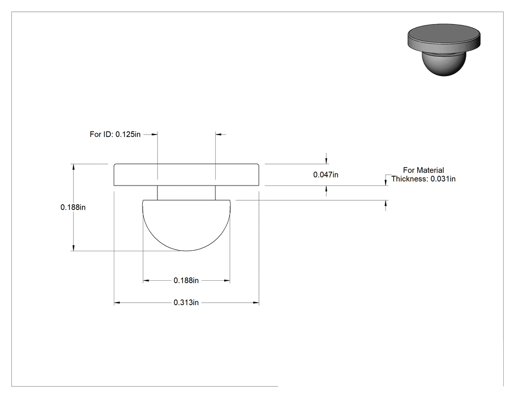 Teknik Çizim - SBR Kauçuk Sıkı Geçmeli Tampon, 1/8" İç Çap ve 1/32" Kalınlık için, 3/16" Sırt Çapı, 3/64" Yükseklik
