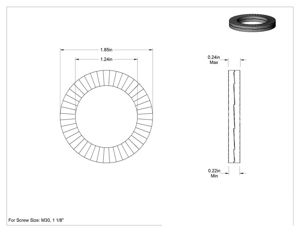 Teknik Çizim - Çinko Pul Kaplamalı Çelik Kama Kilit Pul, Aşırı Titreşime Dayanıklı, M30 ve 1-1/8" Vidalar için, 1.85" Dış Çap