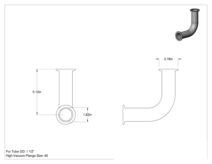 Teknik Çizim - Hızlı Kelepçeli Yüksek Vakum Bağlantı Parçası, 1-1/2" Dış Çaplı Boru için 90 Derece Dirsek Konektörü