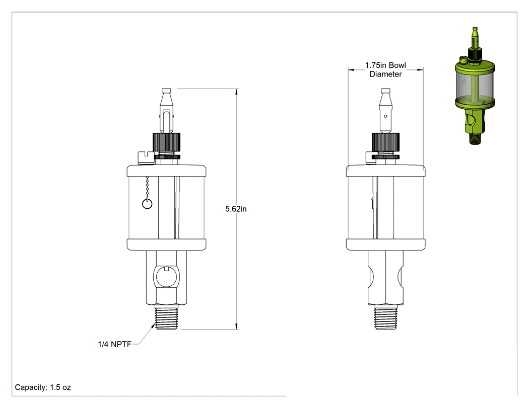 Teknik Çizim - Sızdırmaz Sistem Yağ Dağıtıcı, 1/4 NPTF Erkek Çıkış, 1-1/2 FL oz Kapasite