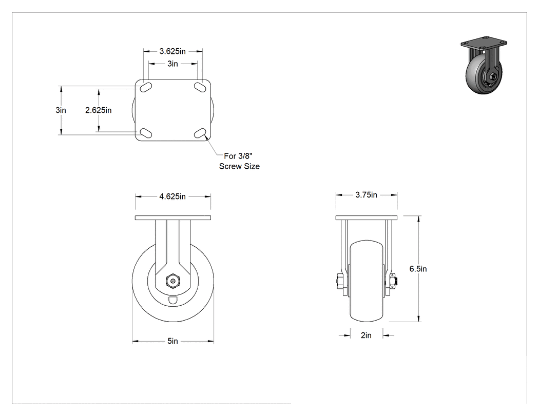 Teknik Çizim - 4-5/8" x 3-3/4" Plakalı Kolay Dönen Tekerlek, Yüksek Kapasiteli, 5" Çaplı Kırmızı Poliüretan Tekerlekli Sabit