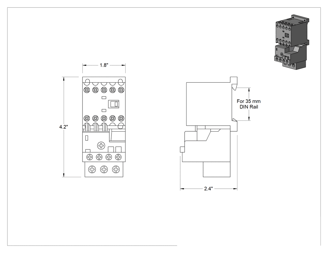 Teknik Çizim - Motor Yol Vericisi, Minyatür, Açık, 1.1-1.6 A Aşırı Yük, 24 V AC Giriş