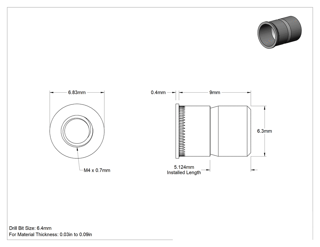 Teknik Çizim - Metrik Düşük Profilli Pop Somun, Kalay-Çinko Kaplı Çelik, M4x0.7 İç Diş, 9 mm L