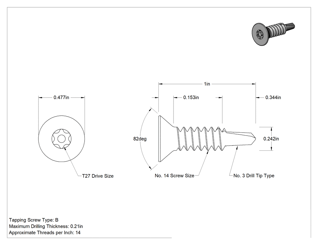 Teknik Çizim - Metal için Kurcalamaya Dayanıklı Havşa Başlı Delme Vidaları, Çinko Kaplı Çelik, 14 Numaralı Boyut, 1" Uzunluk