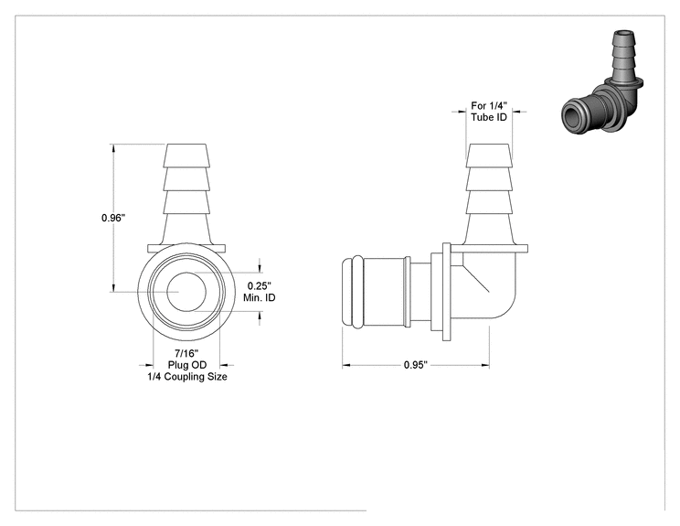 Teknik Çizim - Yiyecek ve İçecek için Hızlı Bağlantı Boru Bağlantısı, Dirsek Tapa, 1/4 Kaplin Boyutu, 1/4" Tırnaklı Boru İç Çapı için