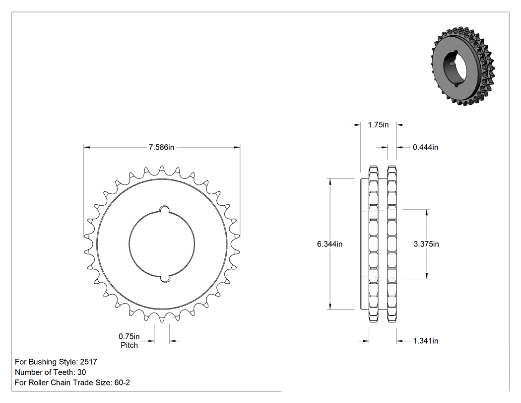 Teknik Çizim - Taper-Lock Burç-Delik Çift Sıralı Dişli, ANSI 60-2 Makaralı Zincir için, Çelik, 30 Diş