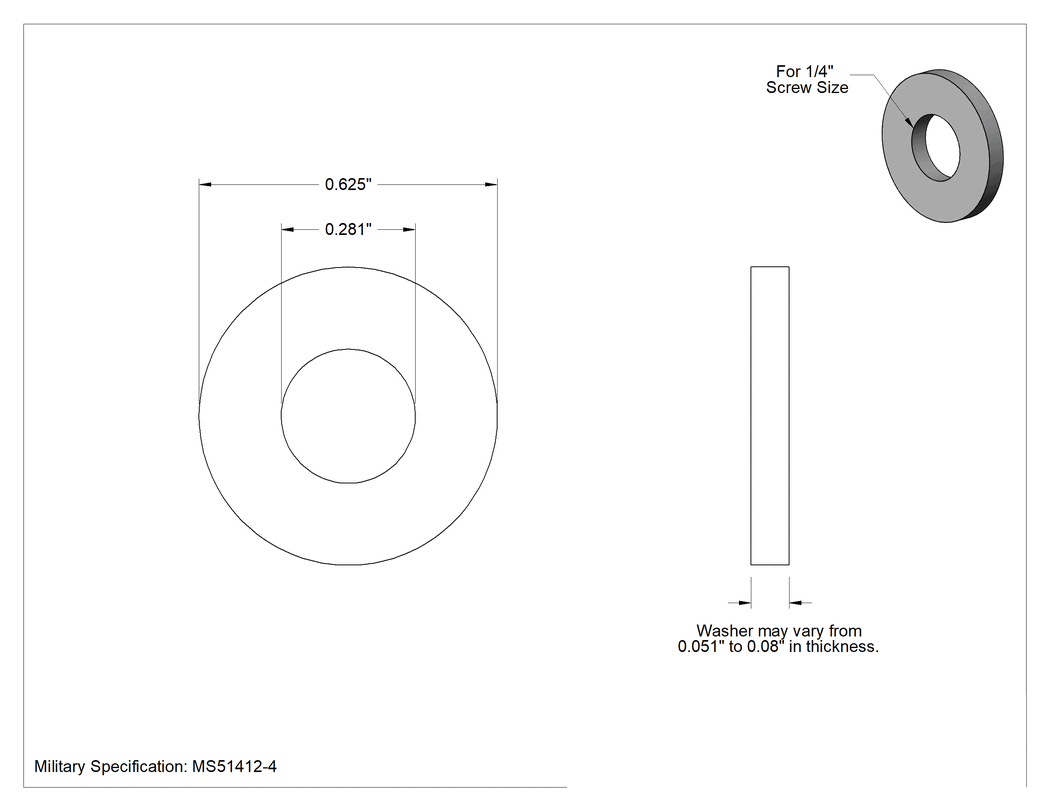 Teknik Çizim - Çelik Mil. Spec. Pul, Sarı Kromat Kaplamalı Çinko, 1/4" Vida Boyutu, MS51412-4