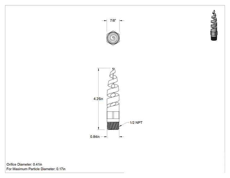 Teknik Çizim - Tıkanmaya Dayanıklı Tank Yıkama Nozulu, Pirinç, 1/2 NPT Erkek, 17 gpm @ 20 PSI, 270 Derece Püskürtme