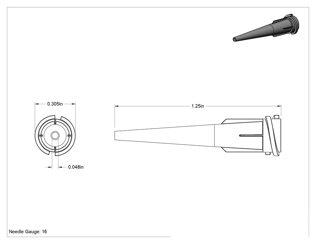 Teknik Çizim - Luer Lock Bağlantılı Şırınga Ucu, Konik Uç, 16 G