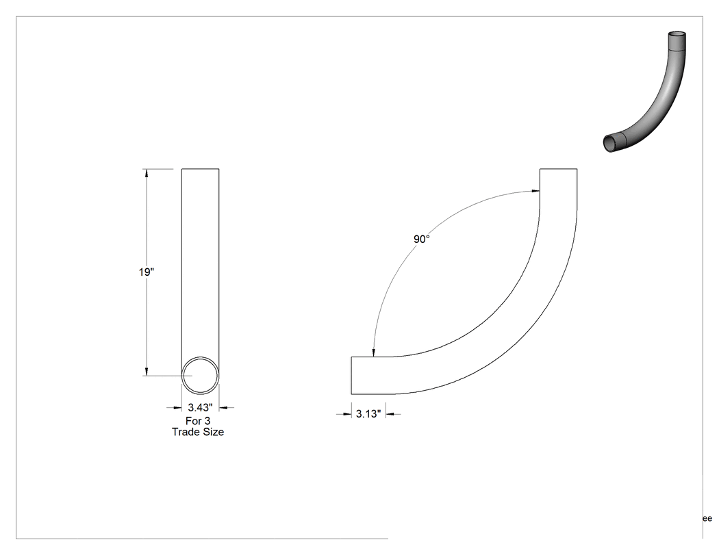Teknik Çizim - 3 Anma Ölçüsü Erkek Galvanizli Çelik 90 Derece Dirsek, İnce Cidarlı (EMT) Çelik Kanal için