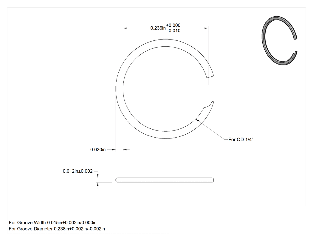 Teknik Çizim - Tek Turlu Spiral Dış Segman, 1/4" Dış Çap için, 18-8 Paslanmaz Çelik