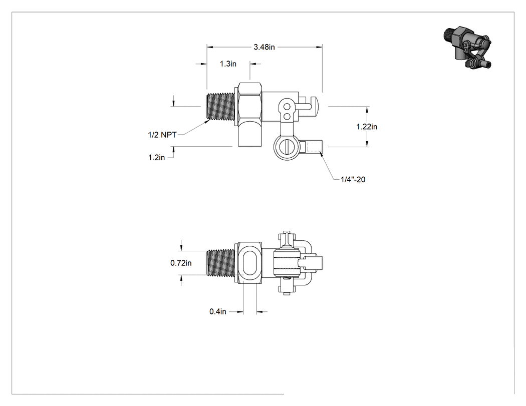 Teknik Çizim - Su için Şamandıralı Vana Gövdesi, Buna-N Contalı, 1/2 NPT Erkek Giriş