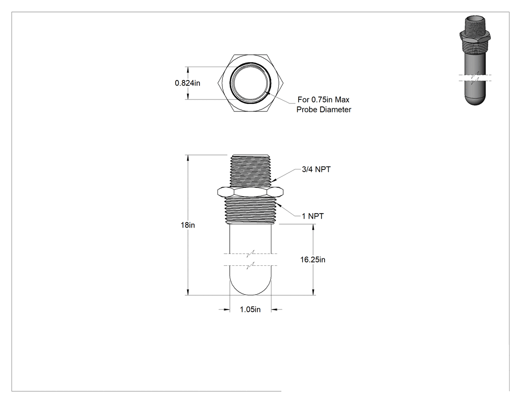 Teknik Çizim - Termokupl ve RTD Koruma Tüpü, 316 Paslanmaz Çelik, 3/4 NPT Termovell Bağlantısı, 16-1/4" Ek Parça Uzunluğu