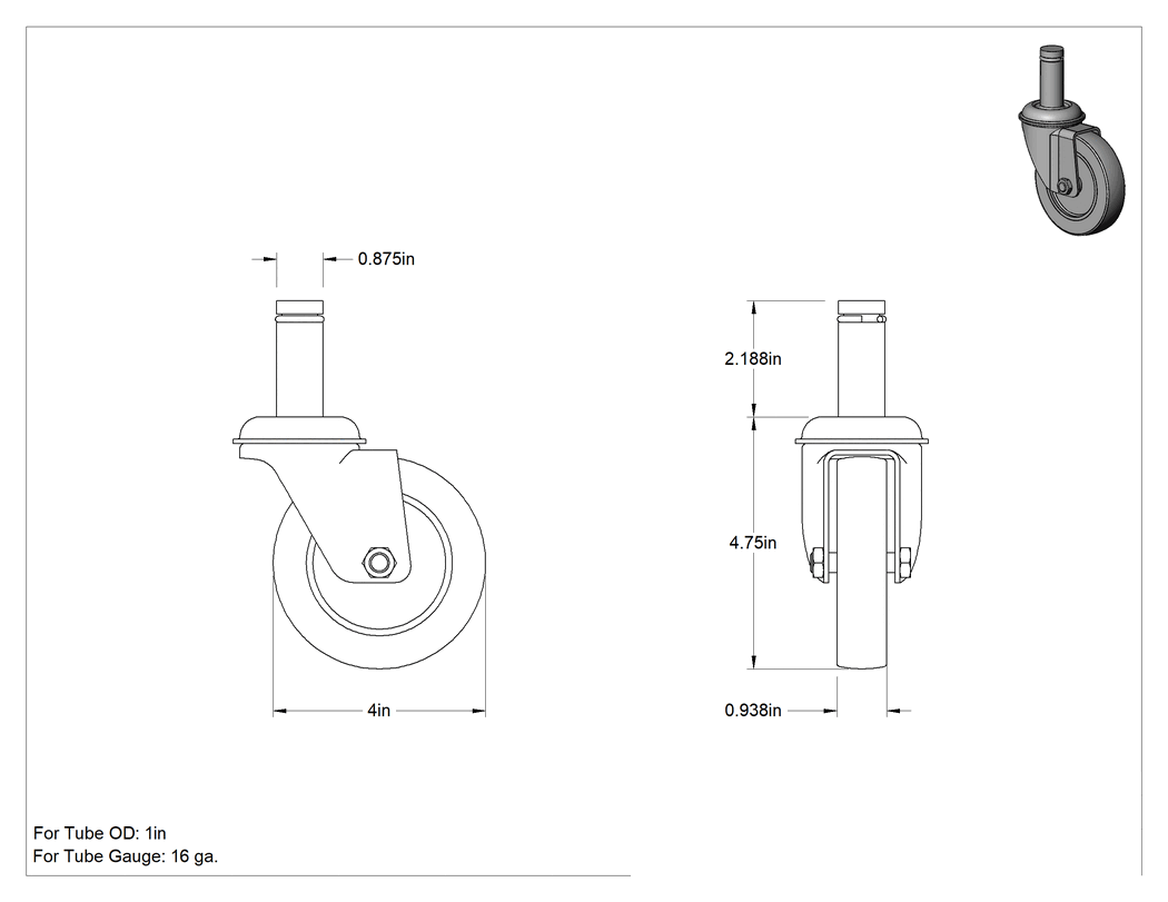 Teknik Çizim - 4" Çap x 1" Genişlikte Kauçuk Tekerlekli Döner Tekerlek