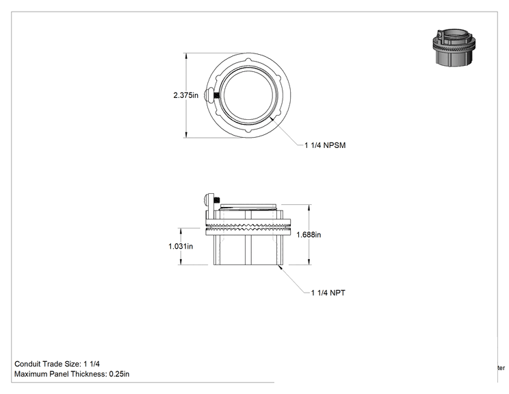 Teknik Çizim - 1-1/4 NPT Dişi - 1-1/4 NPSM Erkek Adaptör, Sert Paslanmaz Çelik Kanal için