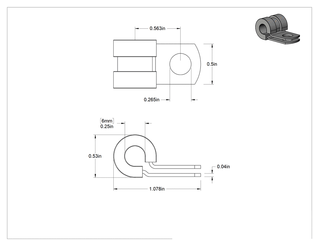 Teknik Çizim - Titreşim Sönümleyici Halka Kelepçe, Galvanizli Çelik, Silikon Yastık, 1/4" İç Çap, 1-3/16" Uzunluk