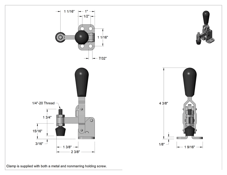 Teknik Çizim - Sabitleme Mandal Kelepçesi, Katı Kol, 18-8 Paslanmaz Çelik, 200 lbs. Kapasite, 2-3/8" Toplam Uzunluk