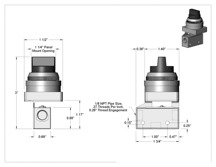 Teknik Çizim - Hava Yön Kontrol Vanası, Normalde Açık/Kapalı Akış, 1/8 NPT, 1-7/8" Uzunluk
