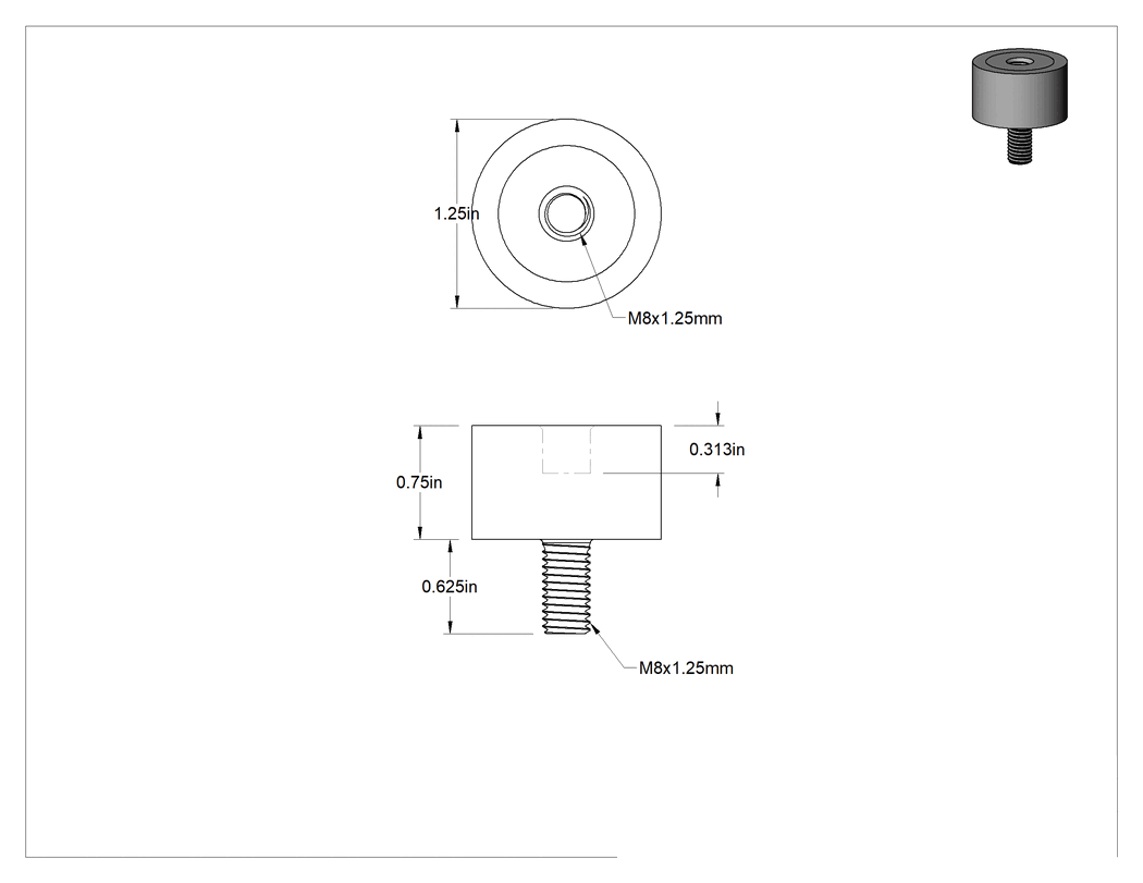 Teknik Çizim - Silikon Titreşim Sönümleyici Sandviç Montaj, M8 x 1.25 mm Çinko Kaplı Çelik Saplama ve Ek Parça, 50 lbs. Kapasite