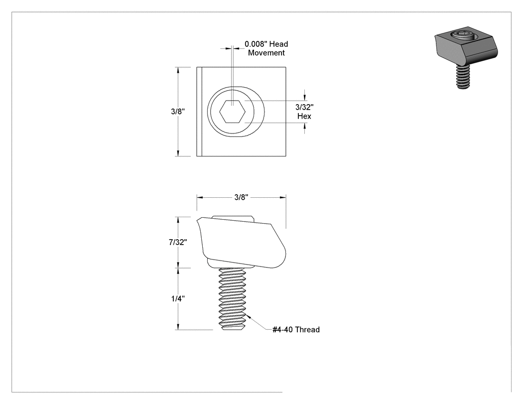 Teknik Çizim - Düşük Profilli Sabitleme Kelepçesi, Bıçak Kenarlı, 3/8" Uzunluğunda Başlık, 650 lbs. Maksimum Kuvvet