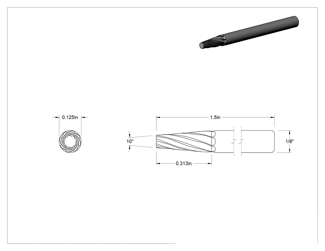 Teknik Çizim - 1/8" Çaplı Şaftlı Karbür Freze Ucu, Sivri Konik, Ticaret No., SM-61, Çift Kesimli Diş