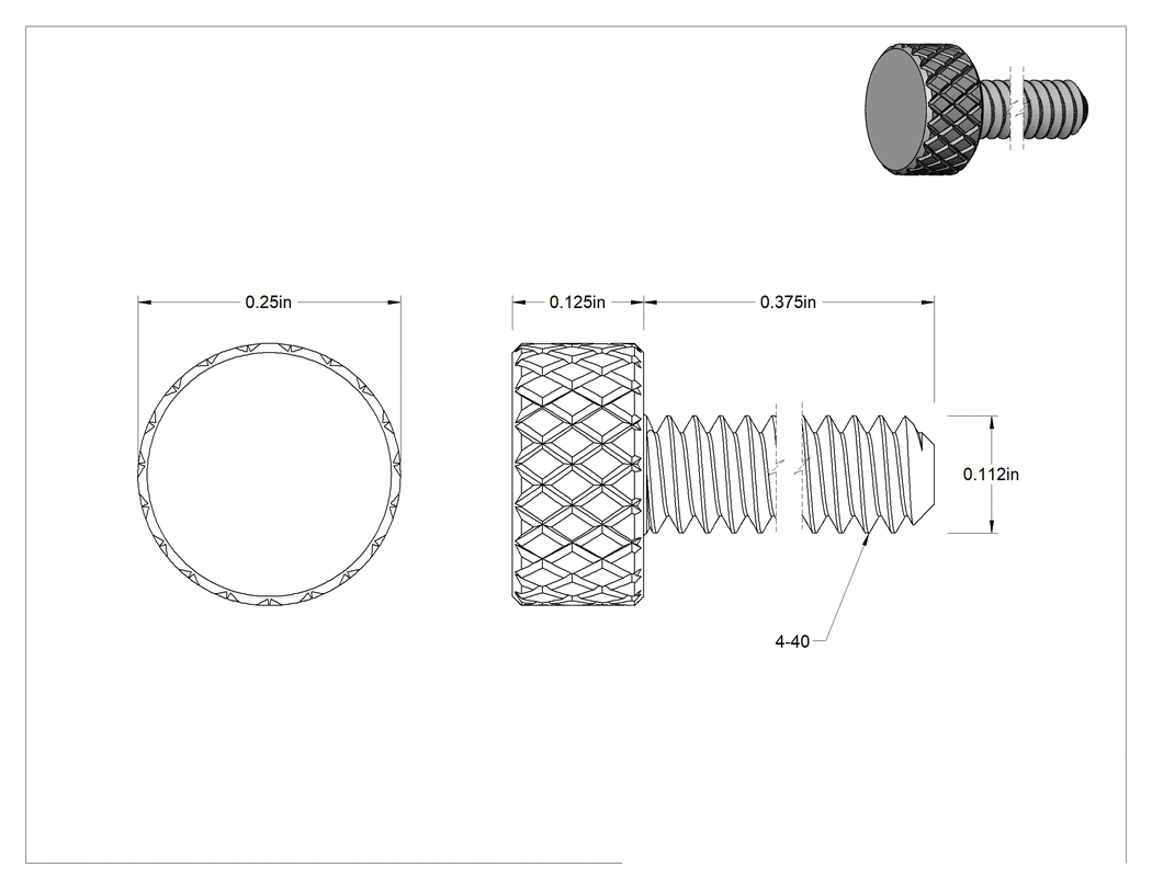 Teknik Çizim - Tırtıllı Başlı El Vidası, Dar, 4-40 Diş Boyutu, 3/8" Uzunluk