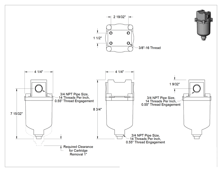 Teknik Çizim - Hidrolik Sıvı Filtresi, 3/4 NPT Dişi, 40 Mikron