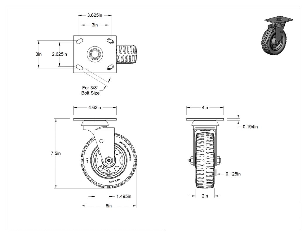 Teknik Çizim - 4-1/2" x 4" Plakalı Tekerlek, 6" Çaplı Gri Lastik Tekerlekli Pnömatik Döner Tekerlek